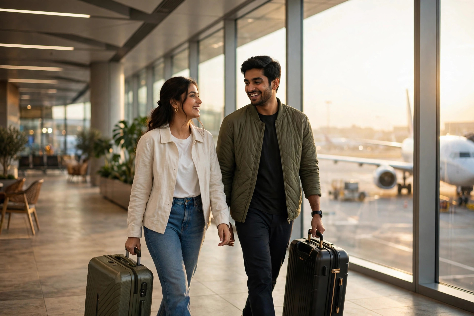 Happy travellers with their luggage at the airport