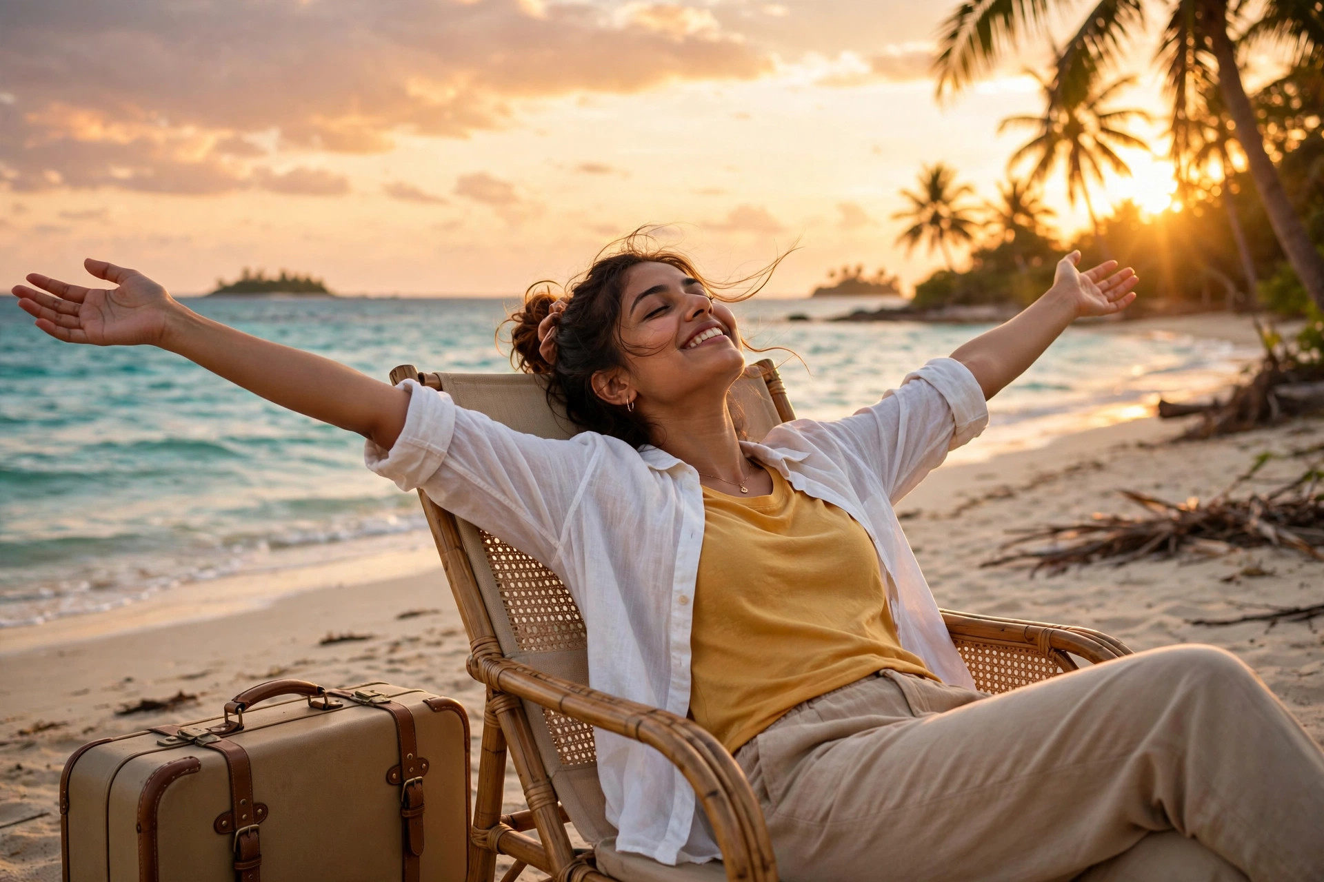 Traveller relaxing at the beach, worry-free